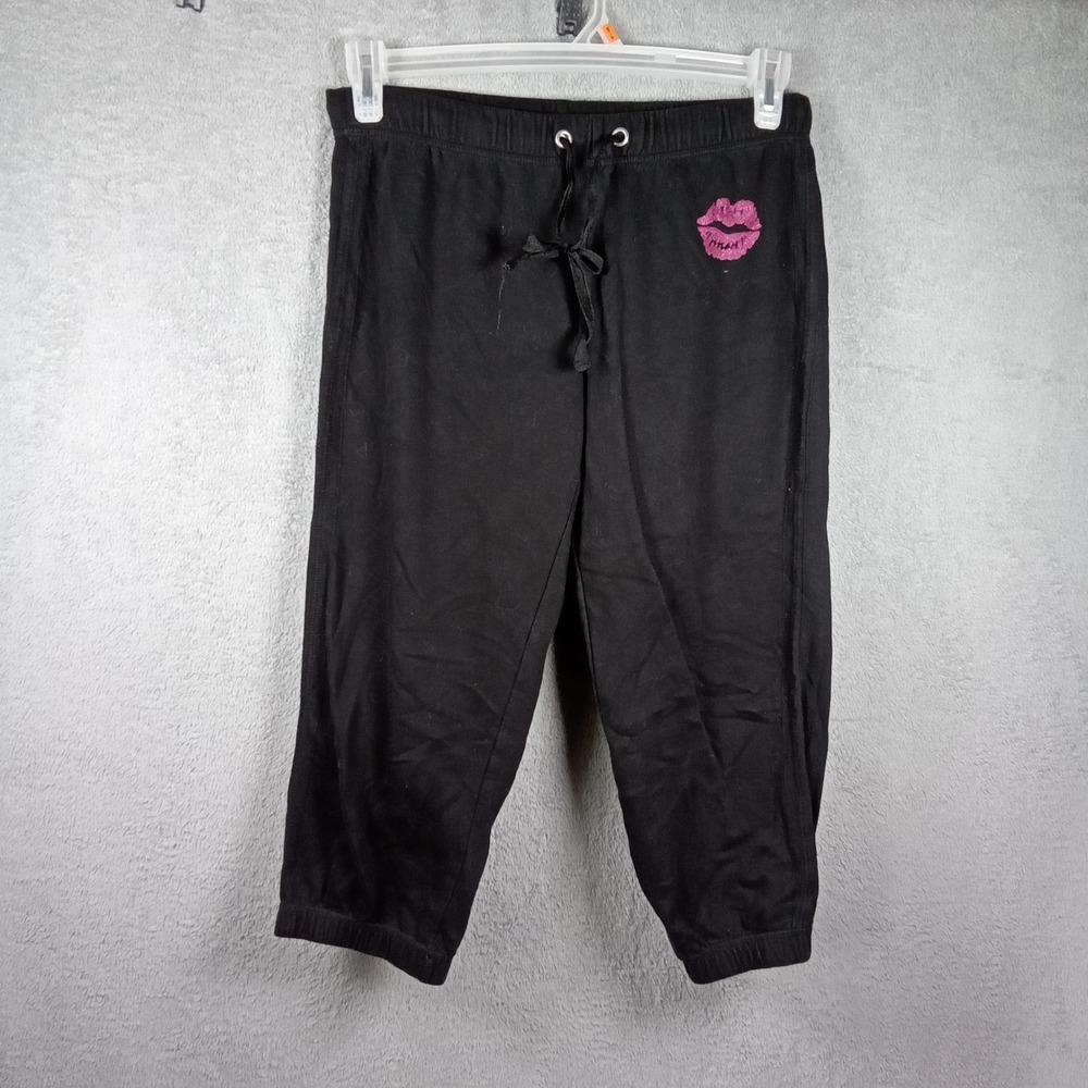 No Boundaries Black XOXO Glitter Lip Cropped Sweatpants Joggers Women Medium 7-9